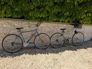 two bikes parked next to a stone wall at Les Jolis Nids - Studio Rouge Gorge in La Roche-Posay
