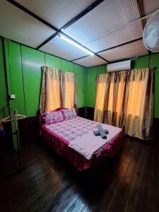a bedroom with a bed in a room with green walls at Anggerik Homestay Kota Bharu in Kota Bharu