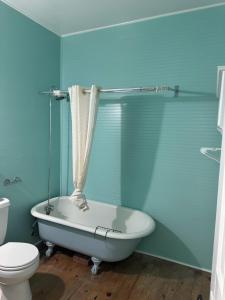 a blue bathroom with a tub and a toilet at The Balsam Mountain Inn in Sylva