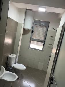 a small bathroom with a toilet and a window at Luxury apartment 2 in Pogradec