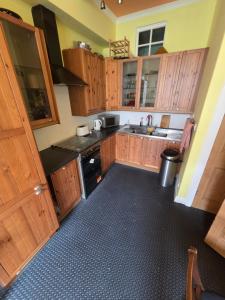 a small kitchen with wooden cabinets and a sink at City centre Flat - sleep upto 4 in Edinburgh