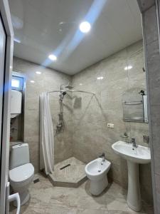 a bathroom with a toilet and a sink and a shower at Tariba Guesthouse & Camping in Mestia