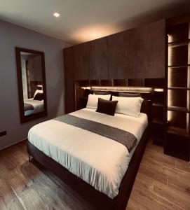 a bedroom with a large bed and a mirror at La Tana Del Ludo in Baveno