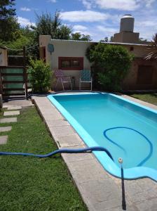 een blauw zwembad met een slang in het gras bij Casa de Olga in Tandil