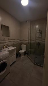 Un baño con inodoro, lavabo y ducha. en Family Accommodation, en Tiflis