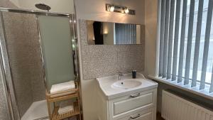 een badkamer met een wastafel, een douche en een spiegel bij LAIMA RENDEZVOUS APARTMENTS in Rīga +109 foto's