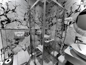 a bathroom with a shower and a toilet and a sink at Dine Hotel in Ksamil