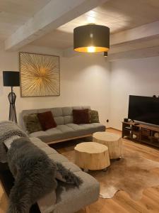 uma sala de estar com um sofá e uma televisão de ecrã plano em Chalupa Rybná em Hradisko