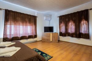 a room with a bed and a tv and curtains at Villa Dumbrava Rosie in Constanţa