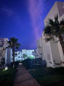 a street with palm trees and buildings at night at Appartement Charmant et familiale in Saidia 