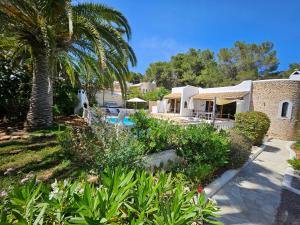 a house with a palm tree and a swimming pool at private Villa mit eigenem Pool unter Palmen in Cala Llenya