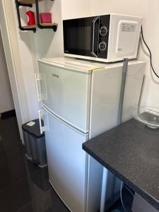 a microwave sitting on top of a refrigerator at 2 Zimmer Holiday Apartment in Karben mit Privatparkplatz-self Check in-15min bis Frankfurt-25min bis Flughafen in Karben