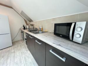 a kitchen with a counter with a microwave and a sink at Appartement au centre in Charleville-Mézières +8 photos