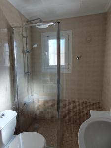 a bathroom with a shower and a toilet and a sink at Chalet Laguna Rosa in Torrevieja