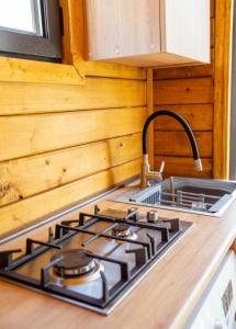 a stove top in a kitchen with a sink at Cottage Mountain crystal kazbegi in Kazbegi +48 photos