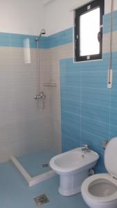a bathroom with a toilet and a shower with a window at La Cigale Radhime in Radhimë