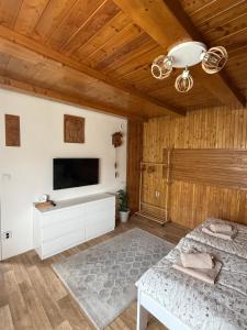 a living room with a bed and a tv on a wall at Chatka na Bečvách in Prostřední Bečva
