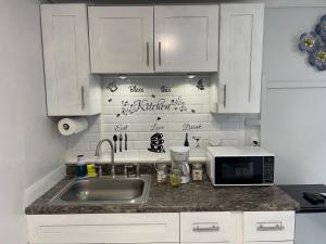 a kitchen counter with a sink and a microwave at Time to relax in Tampa +11 photos