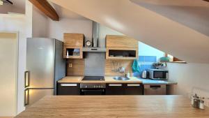 eine Küche mit einem Kühlschrank aus Edelstahl in der Unterkunft Loft Timonova, Košice - Old Town in Košice