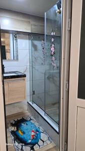 a bathroom with a shower with a bird on the floor at Maries apartment in Tbilisi City +26 photos