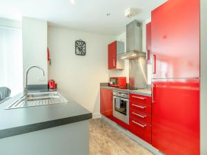 スウォンジーにあるApartment 13のキッチン(赤いキャビネット、シンク付)