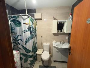 ein Badezimmer mit Duschvorhang, Toilette und Waschbecken in der Unterkunft Apartman Strahinja in Tivat