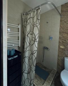 eine Dusche mit Duschvorhang im Badezimmer in der Unterkunft Chalet Lermo in Lermontovo + 30 Fotos