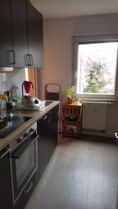 a kitchen with a sink and a window at Wohnung am Hauptmarkt! in Nuremberg