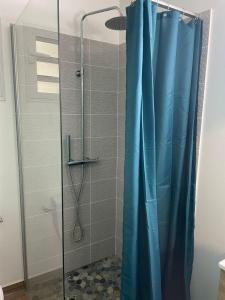 a shower with a blue shower curtain in a bathroom at Le cocon de Moreau - Spa extérieur in Goyave +32 photos