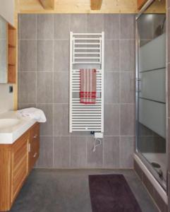 a bathroom with a shower and a sink and a towel at Gite Les Tarines 2 in Beaufort