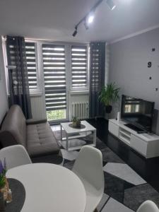 a living room with a couch and a tv at Apartament na Jasnym in Dzierżoniów