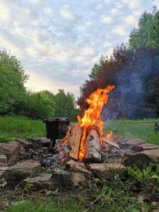 a fire pit with a bbq in a field at Baśnie z mchu i paproci in Zagnańsk