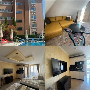 three pictures of a living room and a apartment at Residensia Bahami in Sunny Beach