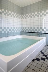 a bath tub in a bathroom with blue and white tiles at Business Green Hotel Hino in Hino