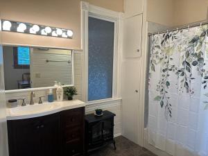 a bathroom with a sink and a shower curtain at Charming Brick House in Little Chute +5 photos