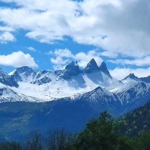 a snow covered mountain range with trees in the foreground at Studio pour 4 personnes au pied des pistes in Villarembert