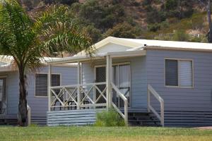 a white house with a porch and a palm tree at Brighton Beachfront Holiday Park Adelaide in Brighton