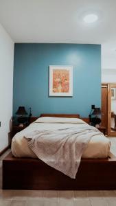 瓦哈卡市Hotel Siglo 17的卧室里有一张大床，墙壁是蓝色的