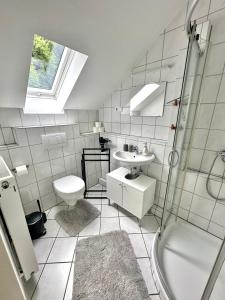 a bathroom with a sink and a toilet and a shower at Haus am Wald mit Whirlpool, Garten, Kamin und voll ausgestatteter Küche in Stolberg