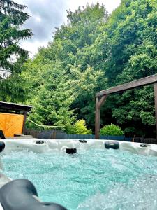 a hot tub in a backyard with trees in the background at Haus am Wald mit Whirlpool, Garten, Kamin und voll ausgestatteter Küche in Stolberg