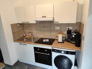 a small kitchen with a sink and a dishwasher at Maison entière avec parking gratuit, WiFi & clim in Douai