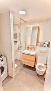 a bathroom with a toilet and a shower and a sink at Studio 4 in Pirot +42 photos