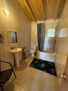 y baño con aseo, lavabo y ducha. en Cabaña con tinaja, en Puerto Clocker