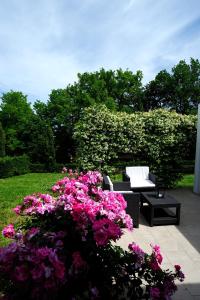 a garden with a bench and pink flowers at Agriturismo al Colle in Bertinoro