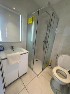 Un baño con ducha, inodoro y lavabo. en Royal appart city 1, en Calais
