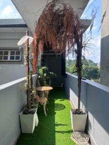 un balcon avec de l'herbe verte, une table et des arbres dans l'établissement Cozy Loft Bed Mini Studio Golf View, à Gua Sai