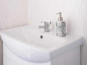 a white bathroom sink with a toothbrush holder on it at 4 star holiday home in BRÅLANDA in Brålanda +17 photos