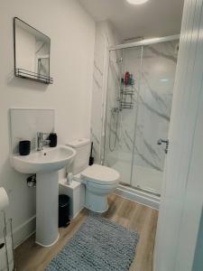 a bathroom with a toilet and a sink and a shower at Modern Stay - Walk to Everything 2 in Ipswich