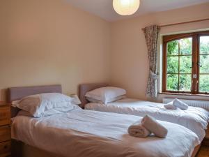 zwei Einzelbetten in einem Zimmer mit Fenster in der Unterkunft Lily Cottage - Uk40101 in Dunvant