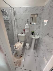 a white bathroom with a toilet and a sink at Rincón del Cielo in Santa Ana +13 photos